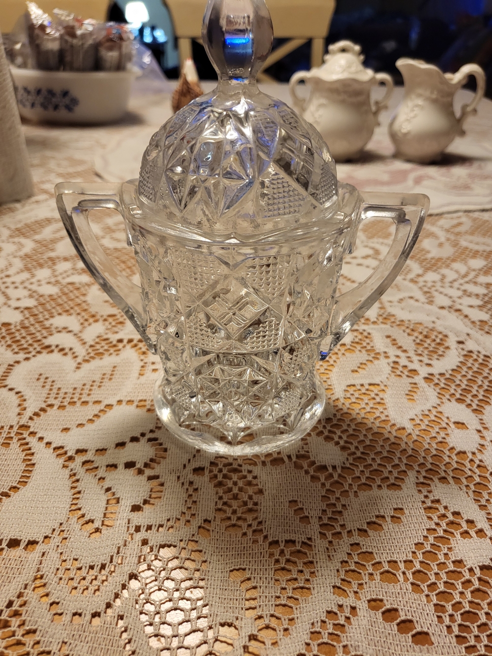 Pressed Glass Covered Sugar Bowl with Handles - Clear